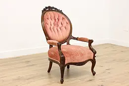 Victorian Antique Upholstered Armchair, Carved Flowers #49885