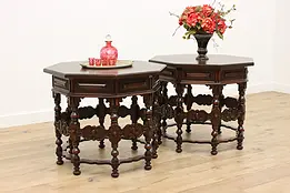 Pair of Tudor Design Antique Carved Walnut End Side Tables #49638