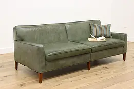 Midcentury Modern Vintage Green Leather Sofa or Couch #50004