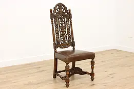 Tudor Design Vintage Carved Oak Side Chair, New Leather #49483