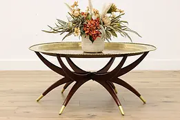 Embossed Brass Vintage Coffee Table w/ Folding Mahogany Base #49586